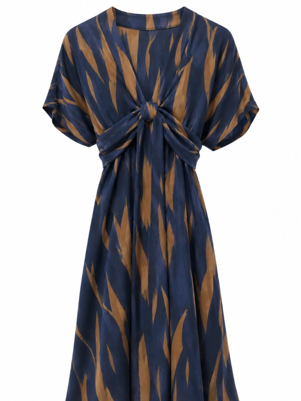 FRENCH CONNECTION Silk Navy & Brown Abstract Print Tie Front Midi Dress